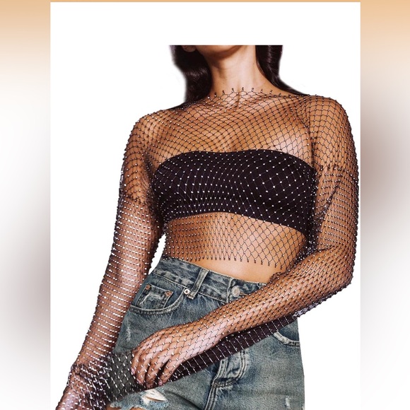 Dolls Kill Black Mesh Rhinestone Crop Top - Picture 2 of 10